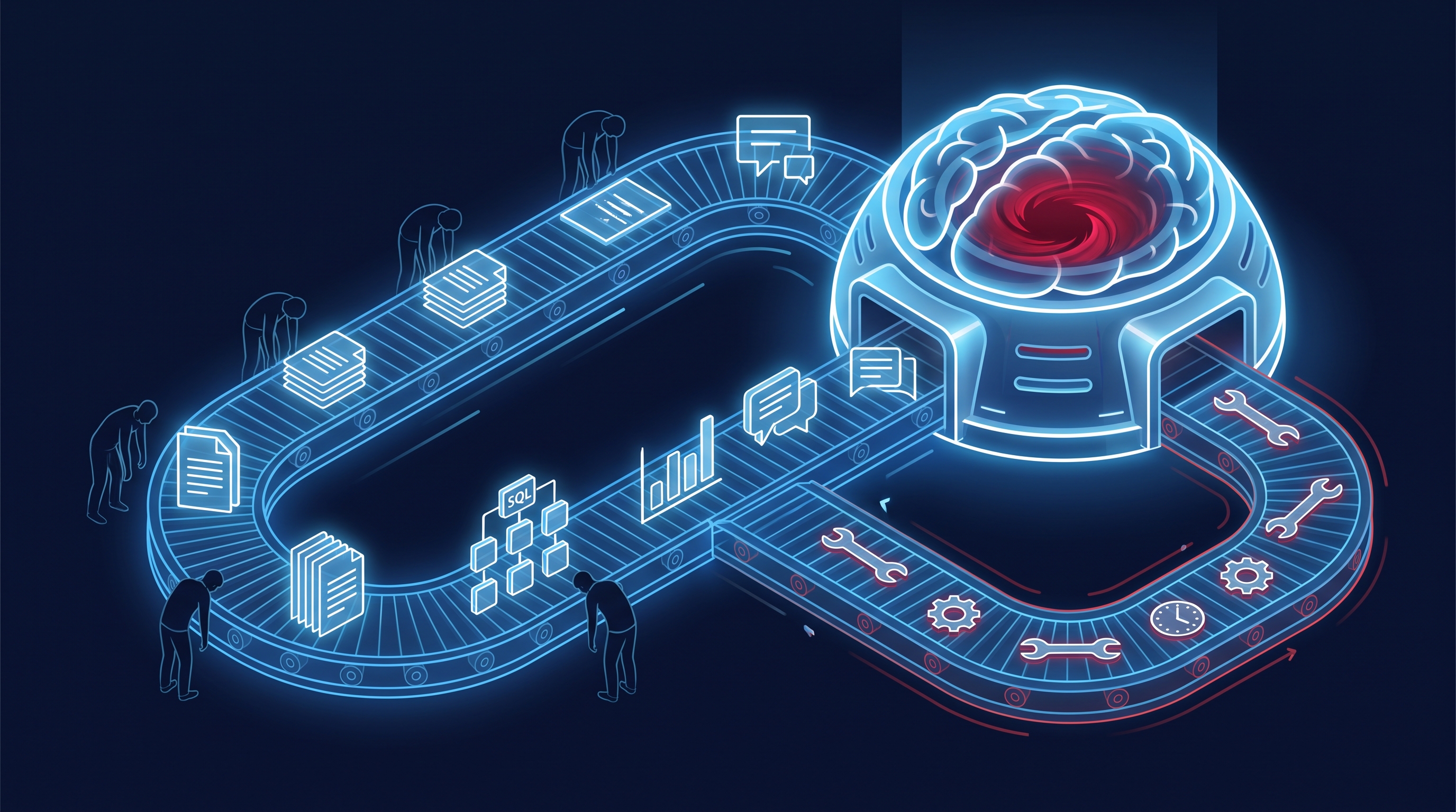 Data engineers feeding an endless conveyor of schemas and documents into a glowing corporate brain while maintenance tickets loop back