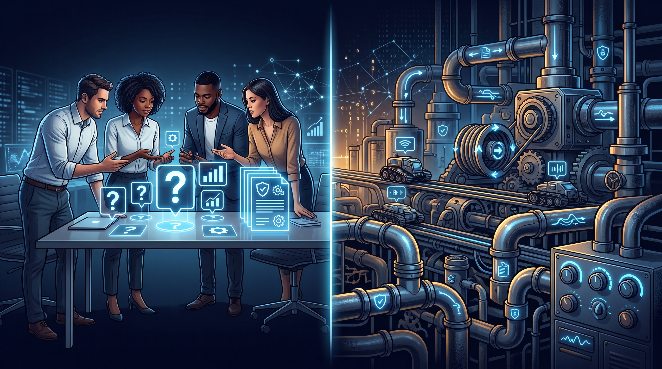 Left side shows teams owning questions and governance; right side shows heavy infrastructure plumbing they should not own