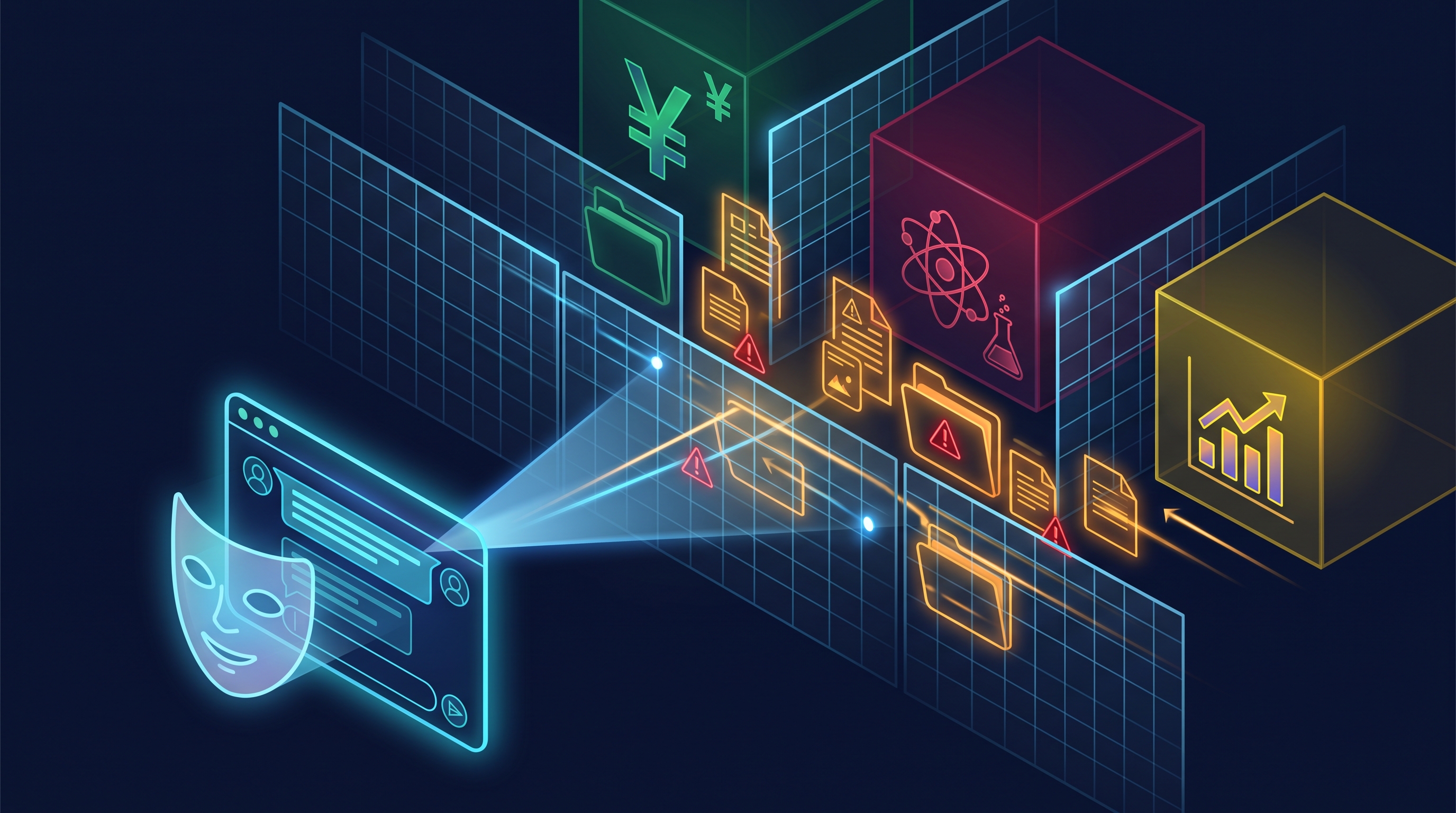 An AI chat interface behind layered permission walls separating Finance, R&D, and Sales with overshared files leaking across boundaries