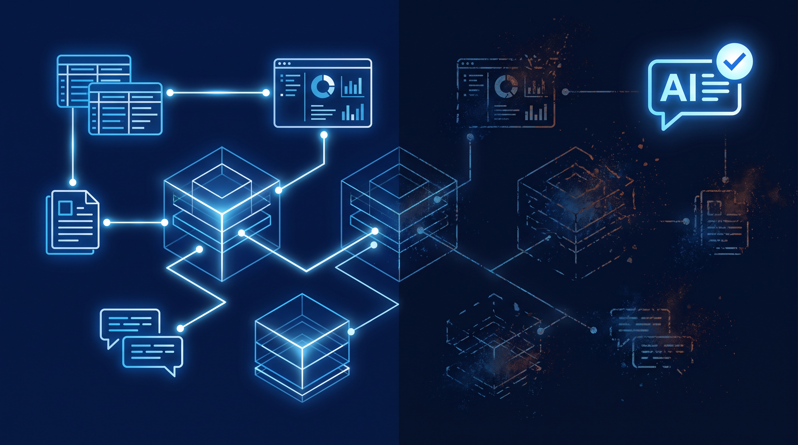 A crisp company data map on the left decaying into dust on the right while an AI chat bubble still answers confidently