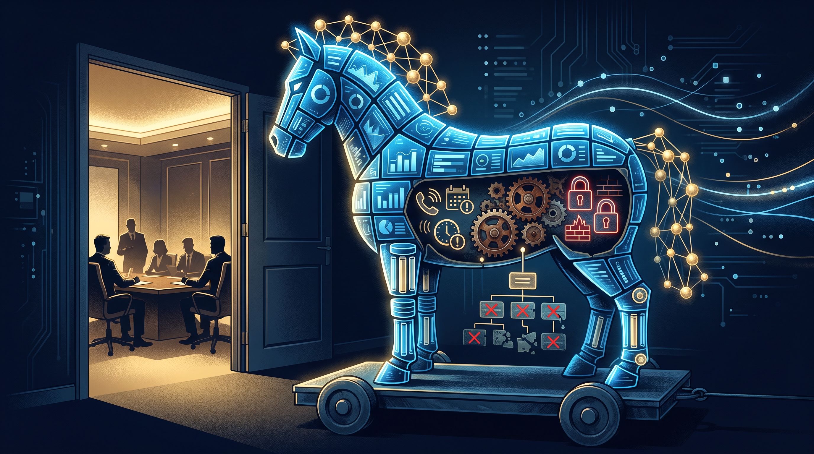 A glowing Trojan horse built from dashboards and databases wheeled into an executive boardroom, its hollow belly full of maintenance gears and security locks