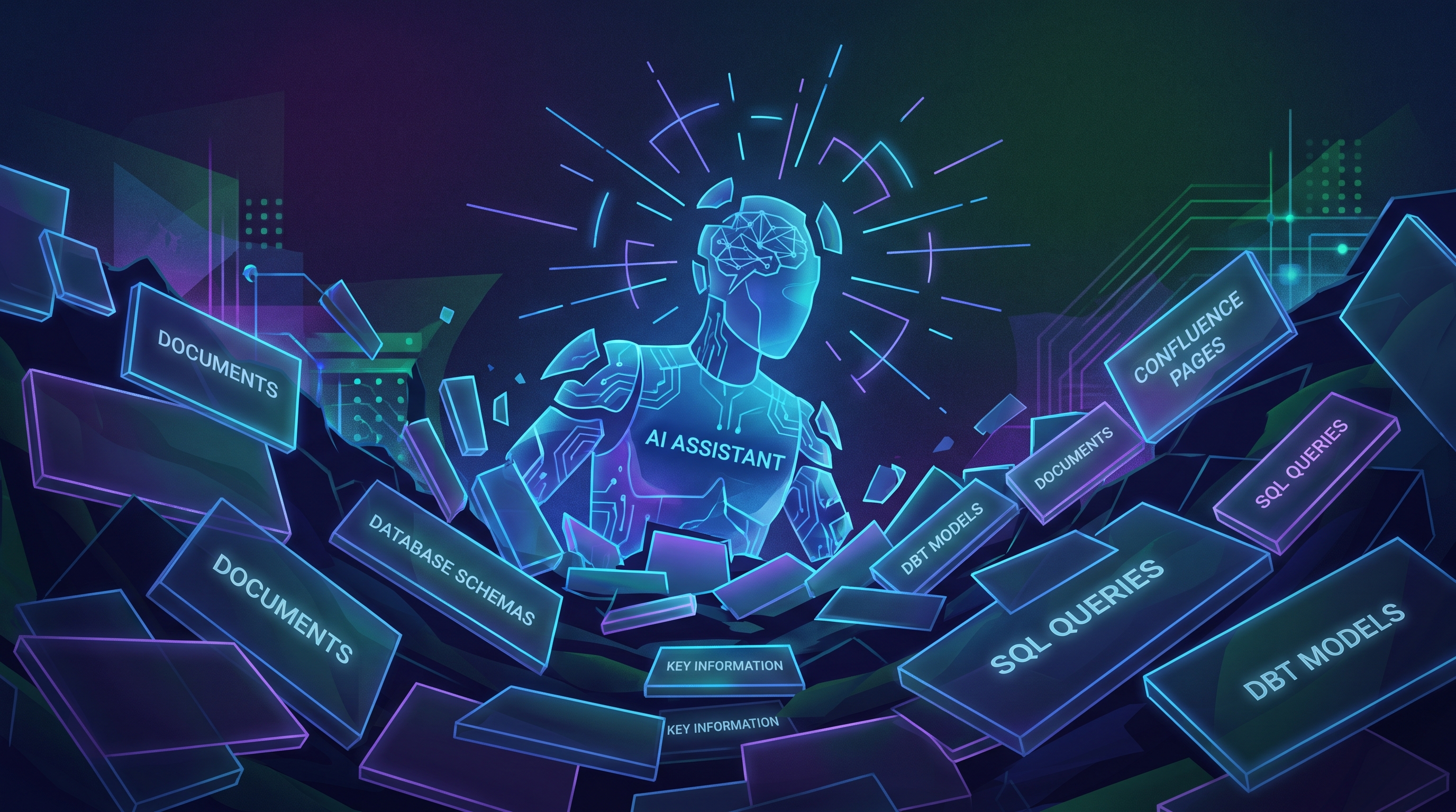 An AI assistant buried under an avalanche of documents, database schemas, Confluence pages, SQL queries, and dbt models