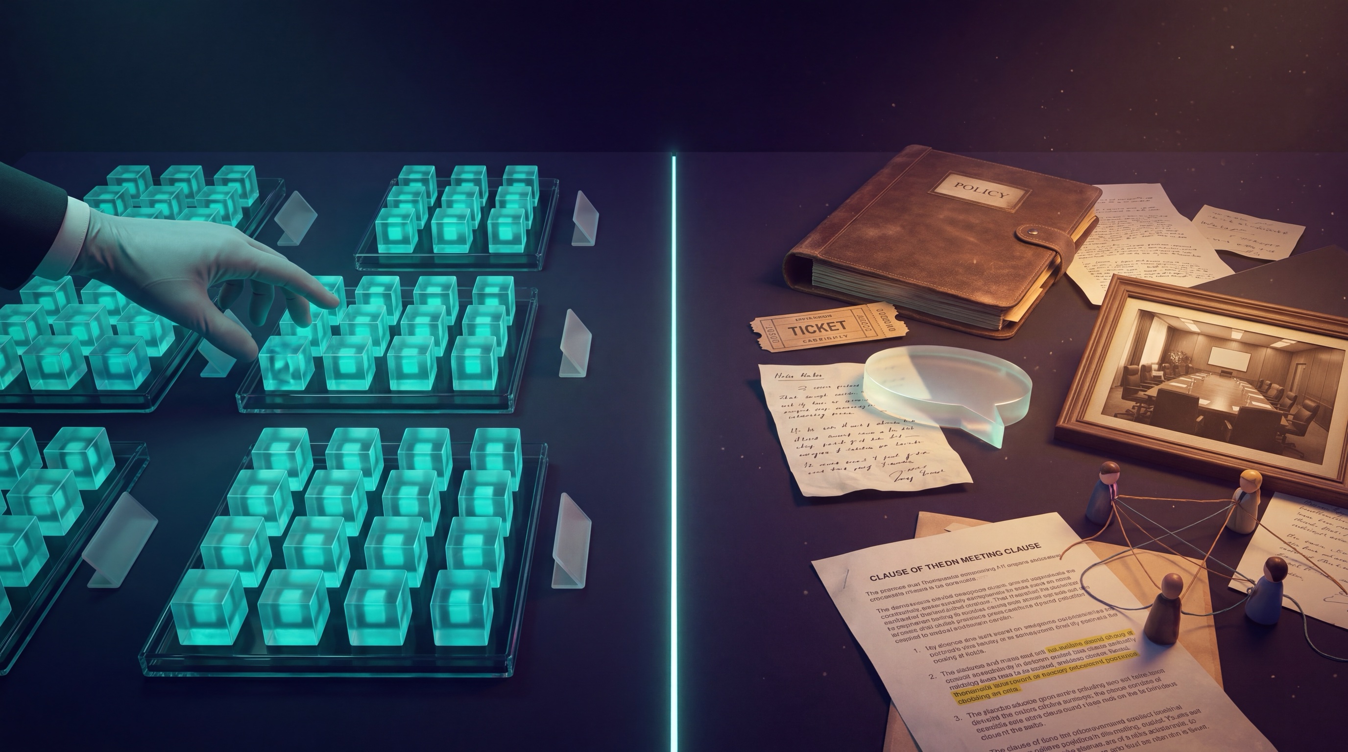 A curated grid of identical data cubes on the left, and a desk of accumulated artifacts — policy binders, notes, photographs, and threaded figures — on the right