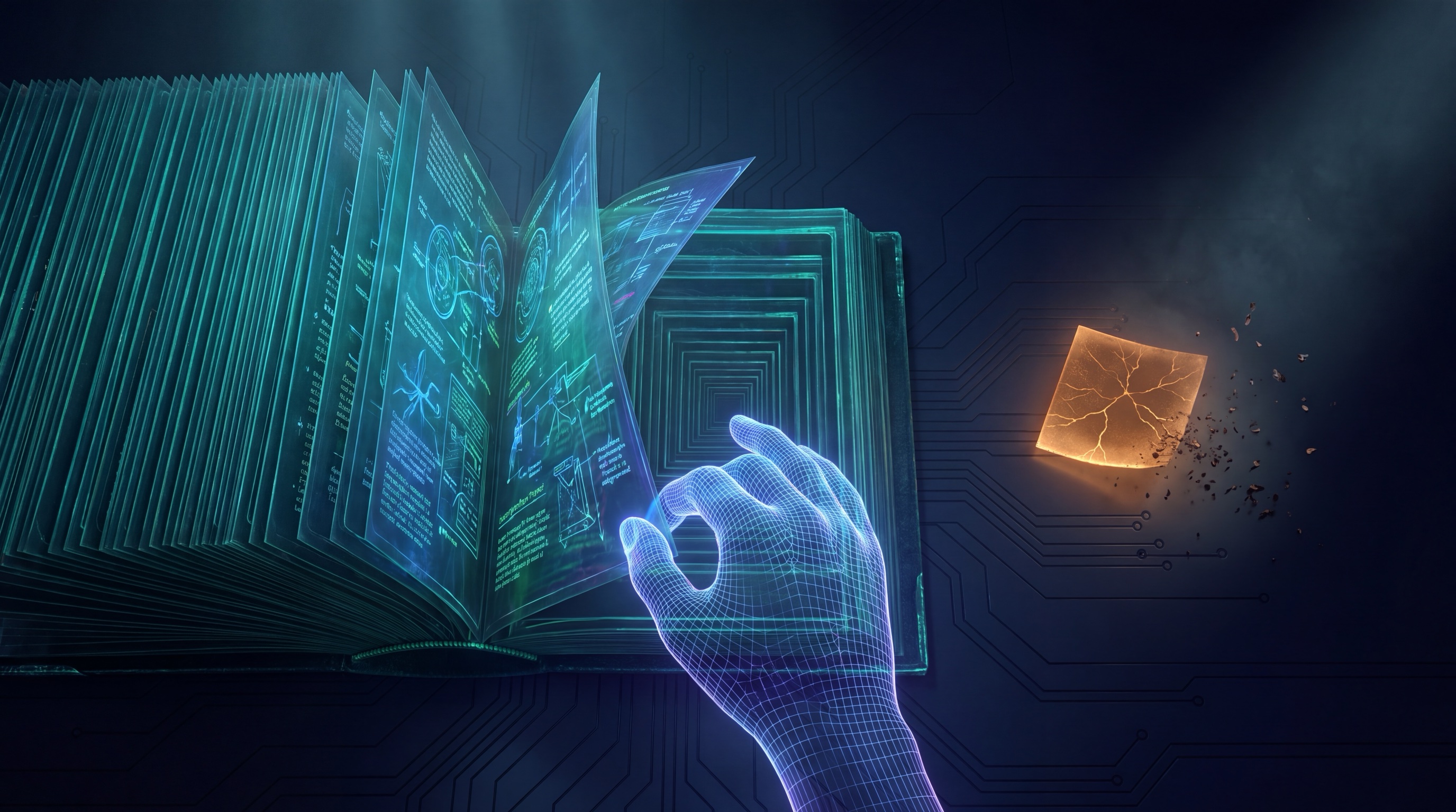 A translucent AI hand rewriting a dense glowing playbook that collapses, page by page, into a cracked wafer of light