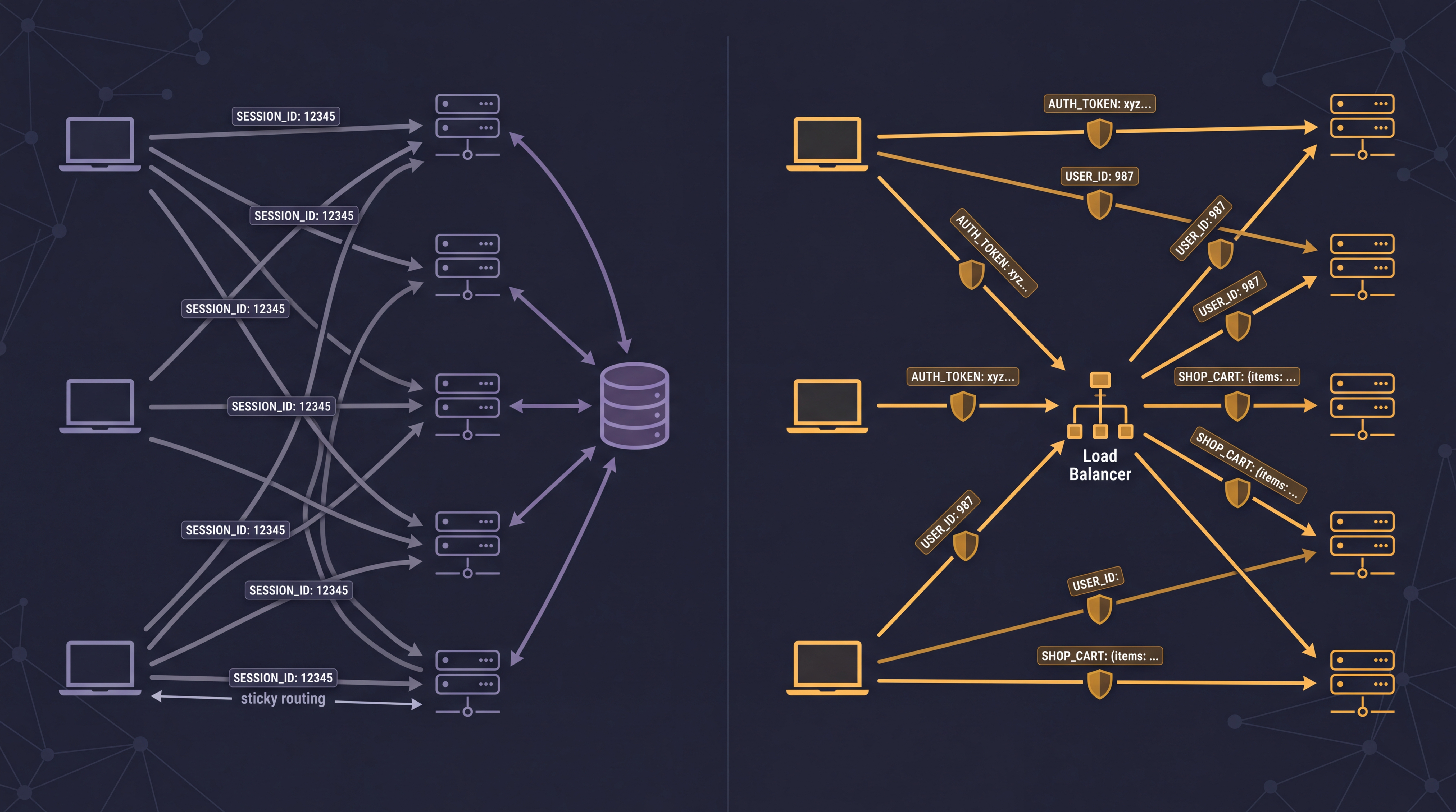 Comparison of stateful architecture with tangled connections and session store versus stateless architecture with independent requests through a load balancer