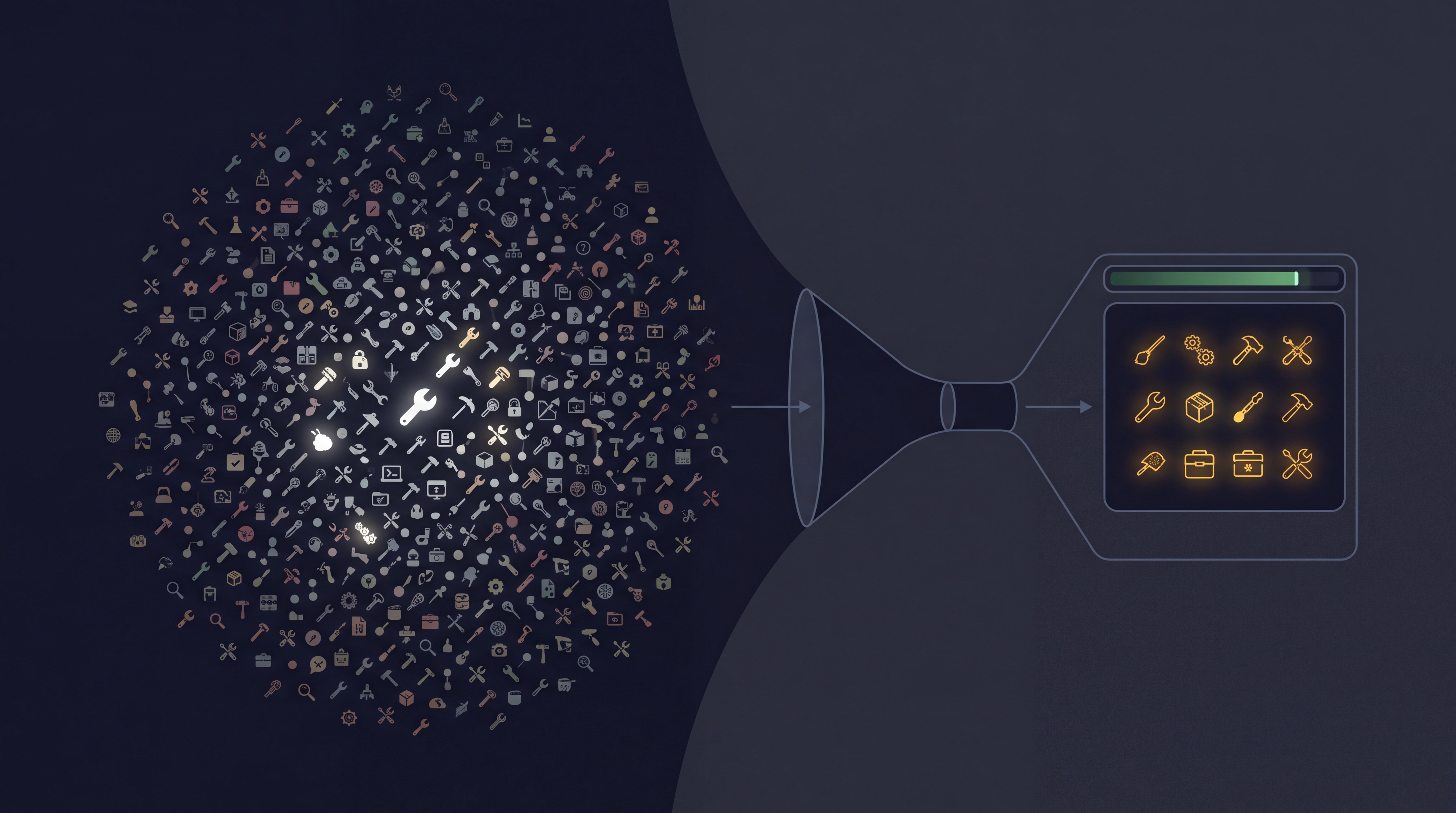 900 available tools funneling down through selection to 12 tools that fit the token budget