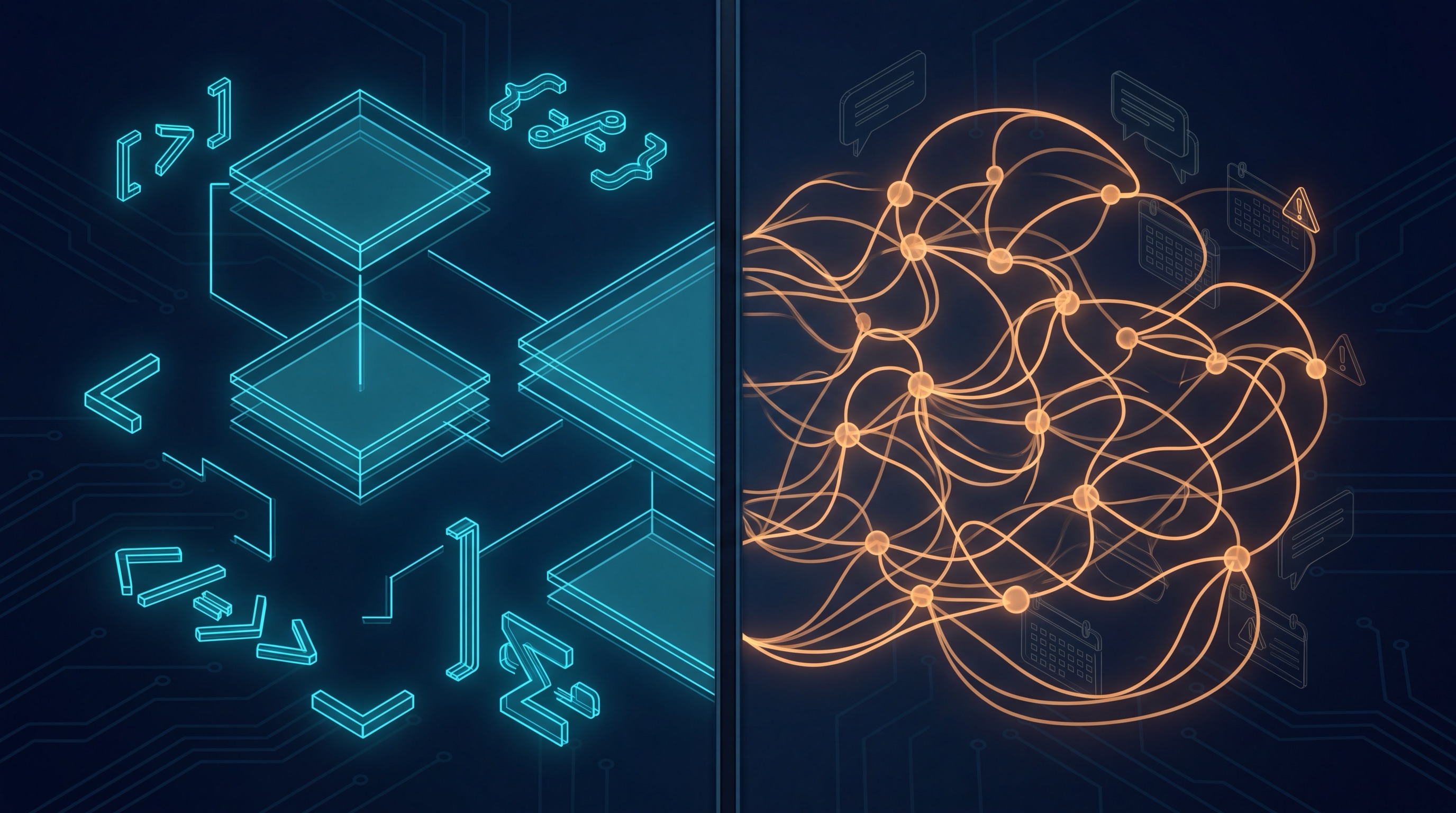 A rigid geometric blueprint of tables and join lines on one side, separated by a seam from an organic swirling cloud of conversations and edge cases on the other