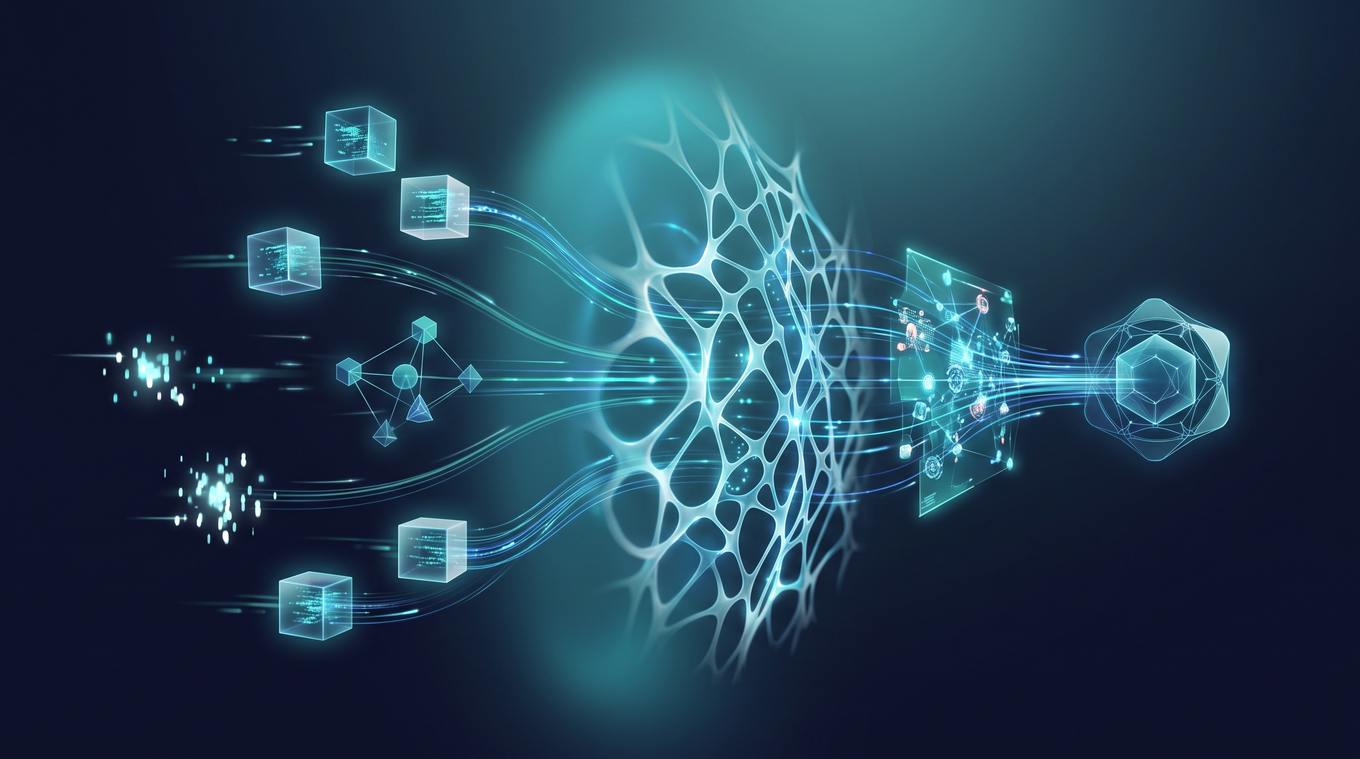 Live data sources flowing through a luminous intermediate lattice that continuously syncs a fresh map of the business into an AI agent