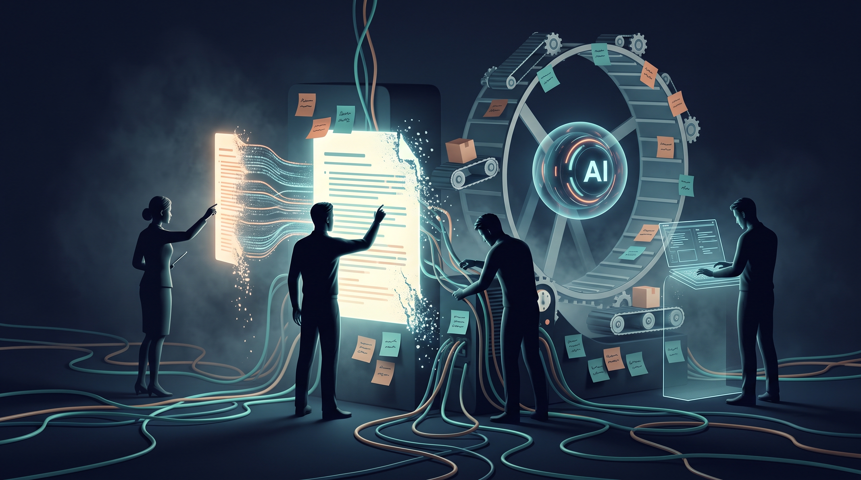 Business, data, and AI operators endlessly rewriting a crumbling prompt document connected to an AI system by tangled cables
