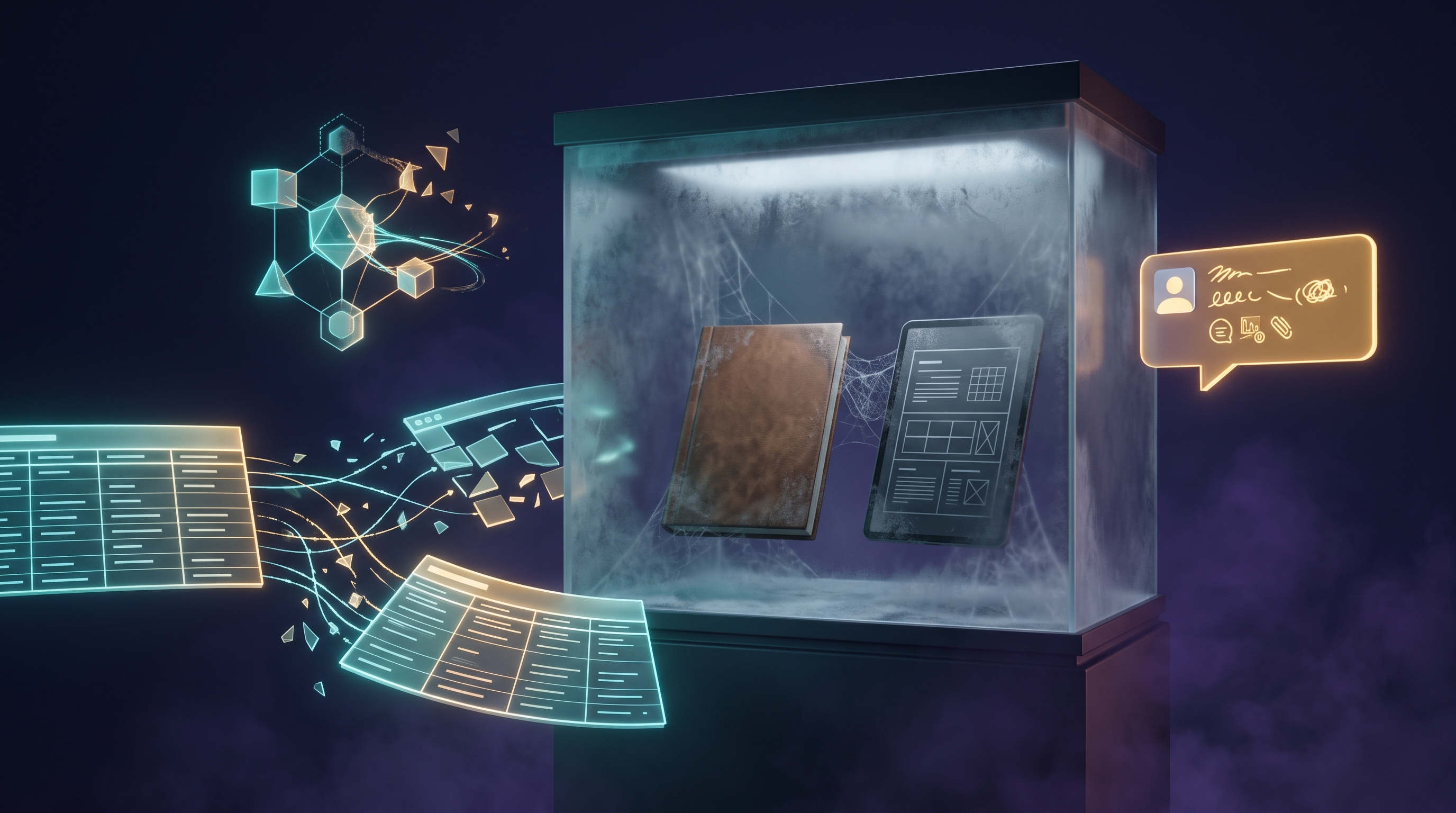 A frozen glass case holding a static company handbook while live schemas, metric definitions, and Slack knowledge mutate around it